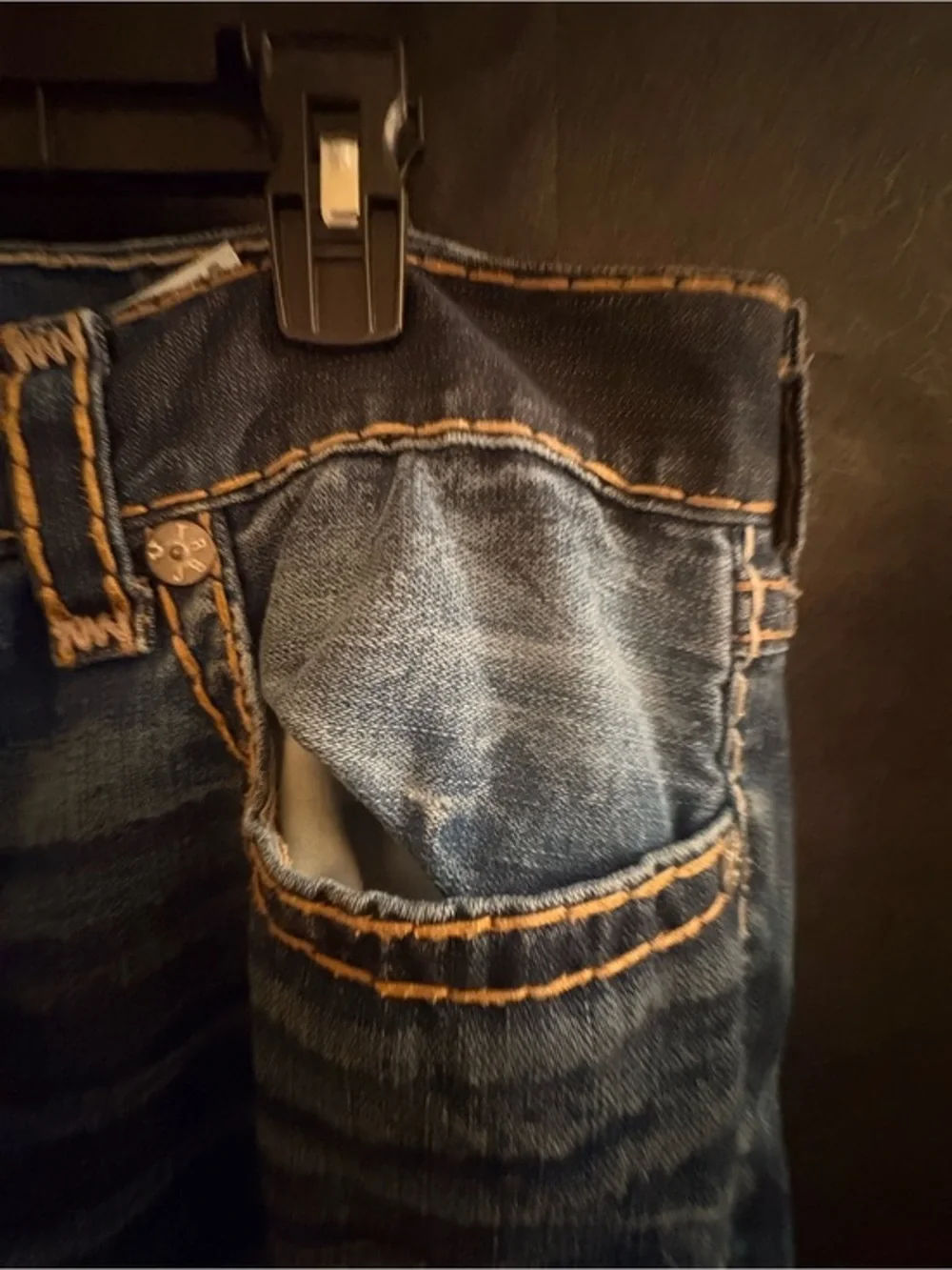 True Religion Men's Dark Blue Bootcut Jeans with Contrast Stitching